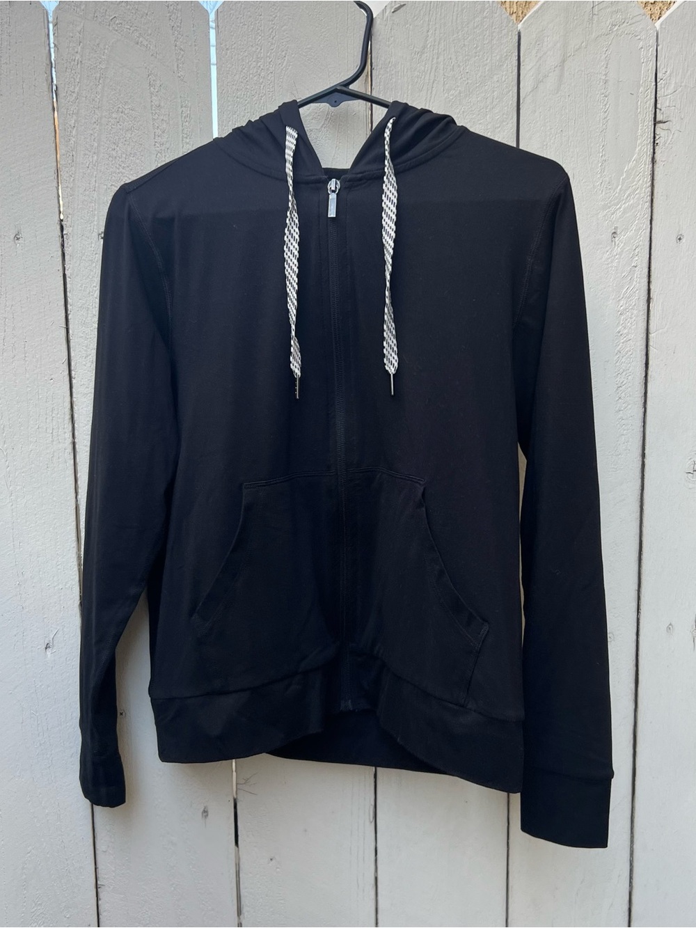 Black Zip-Up Hoodie with Striped Drawstrings